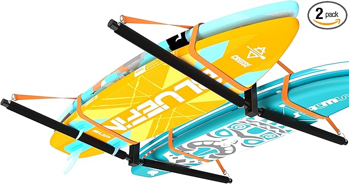 Double Paddleboard and Surfboard Garage Ceiling Storage Racks, Adjustable Height Overhead Storage Ladder Hanger, Heavy Duty Kayak Ceiling Storage with Fix Straps, Holds 200 lbs, Black