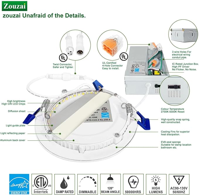 zouzai 1 Pack 4 Inch 5CCT Ultra-Thin LED Recessed Ceiling Light with Junction Box, 2700K/3000K/3500K/4000K/5000K Selectable, 9W Eqv 80W, Dimmable, led can Lights - ETL and Energy Star Certified
