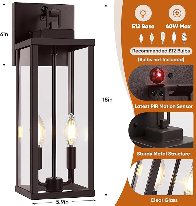 BesLowe 18” Upgraded Motion Sensor Outdoor Wall Lights, Dusk to Dawn Porch Lights Outdoor Wall Sconces, 3 Lighting Modes Exterior Lighting Fixtures with Hooks, Brown Outside Lights for House, 2-Pack