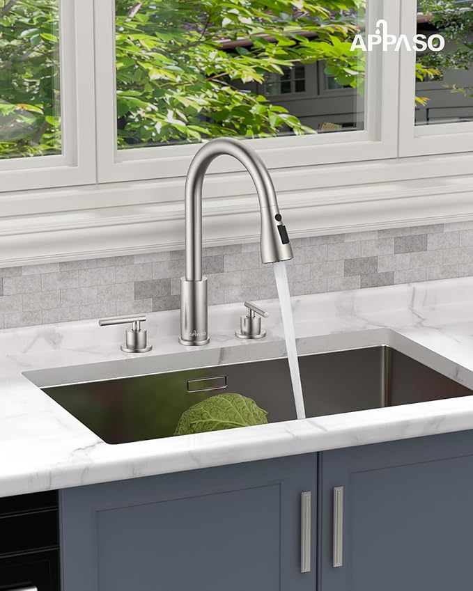 APPASO 2 Handle Kitchen Faucet, Brushed Nickel 3 Hole Kitchen Sink Faucet，Modern High Arc 3 Modes Stainless Steel Faucet for Kitchen Sink