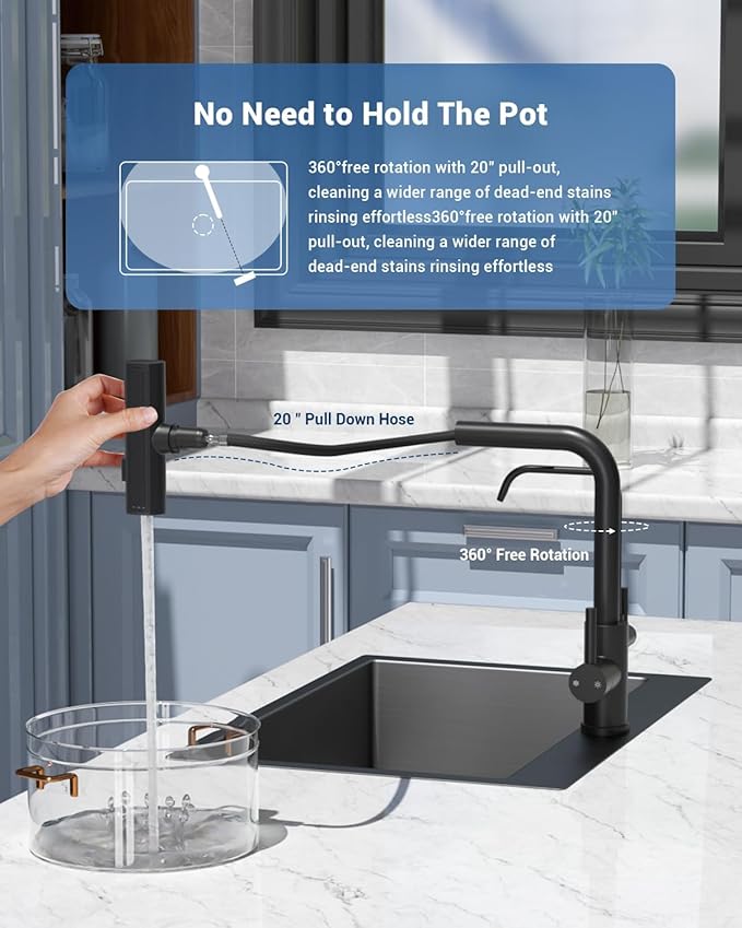 APPASO Kitchen Faucet with Water Filter, 2 Handle Waterfall 3 in 1 Kitchen Faucet, Black Kitchen Sink Faucet, 3 Hole Kitchen Faucets with Pull Down Sprayer (Without Water Filtration Device)