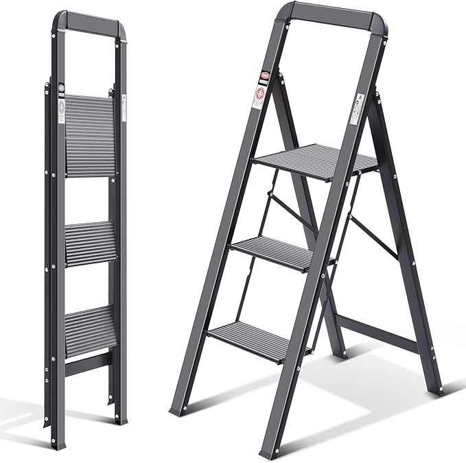 KINGRACK Aluminium 3 Step Ladder, Lightweight Step Stool with Non-Slip Pedals, Handrail, 330 LBS Foldable Step Ladder for Kitchen, Garage, Home, Space Saving, Sturdy and Portable, Black