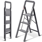 KINGRACK Aluminium 3 Step Ladder, Lightweight Step Stool with Non-Slip Pedals, Handrail, 330 LBS Foldable Step Ladder for Kitchen, Garage, Home, Space Saving, Sturdy and Portable, Black