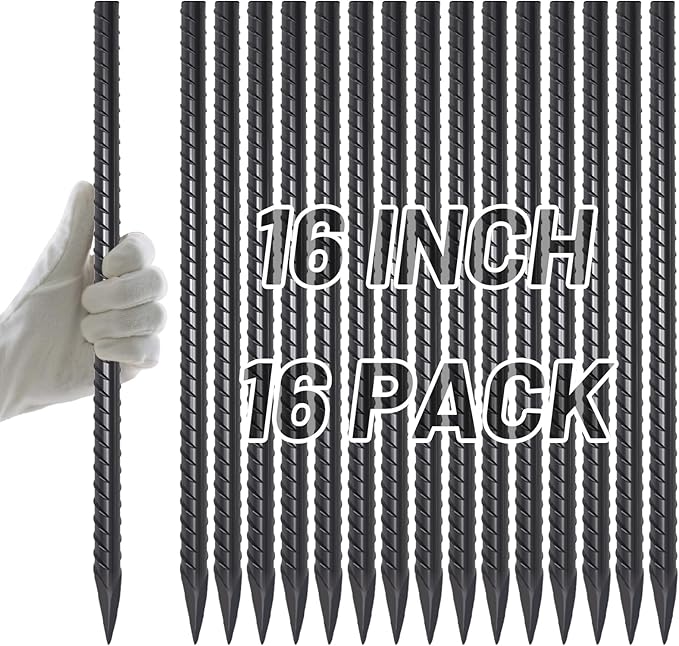 AAGUT 16 Inch Rebar Stakes Heavy Duty 16 Pack 3/8" Diameter Landscape Timber Spikes, Straight Stakes with Chisel Point End, Ground Anchors for Camping Tent, Garden Plant Support, Concrete, Black