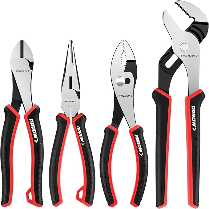 ARROW 4-Piece Pliers Set, Includes 8 Inch Diagonal, Long Nose, Slip Joint, 10 Inch Groove Joint Pliers, Ergonomic Anti-slip Handle, for Basic Repair
