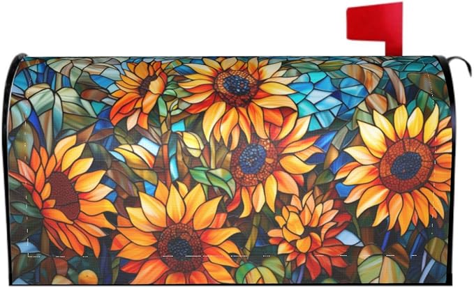Giwawa Stained Glass Sunflower Mailbox Covers Magnetic for Fall Mailbox Cover Large Autumn Mail Box Covers Oversized 25.5 x 21 Thanksgiving Decorations Outdoor Welcome Mailbox Wrap