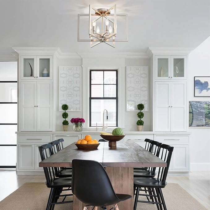 Brushed Nickel Ceiling Light, 20 Inch Chandelier for Dining Room Geometric Metal Modern Chandelier Light Fixture for Kitchen Island Living Room Entryway, 6-Light