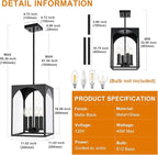 VINLUZ Large Outdoor Indoor Pendant Light 4-Light, Classic Black Finish Metal Chandelier Outside Hanging Fixture Ceiling Mount with Clear Glass Shade for Front Porch Entrance Foyer