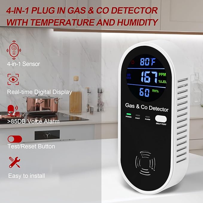 Combination Gas & Carbon Monoxide Detector, Plug in Carbon Monoxide Alarm,Natural Gas Detector,Propane,Methane,4-in-1 Combustible Gas & CO Detector with Fahrenheit(°F) & Humidity for Home,RV,Apartment