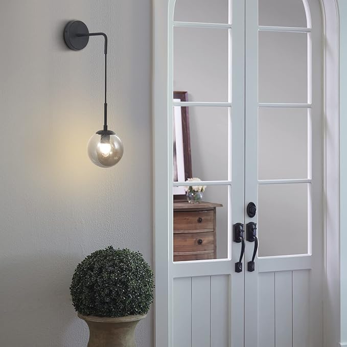KCO Lighting Black Glass Globe Wall Sconce Set of 2 Farmhouse Industrial Wall Lamp with Adjustable Cord Mid Century Modern Wall Mount Reading Light for Bathroom Mirror Bedside Stairs (Smoke Grey)