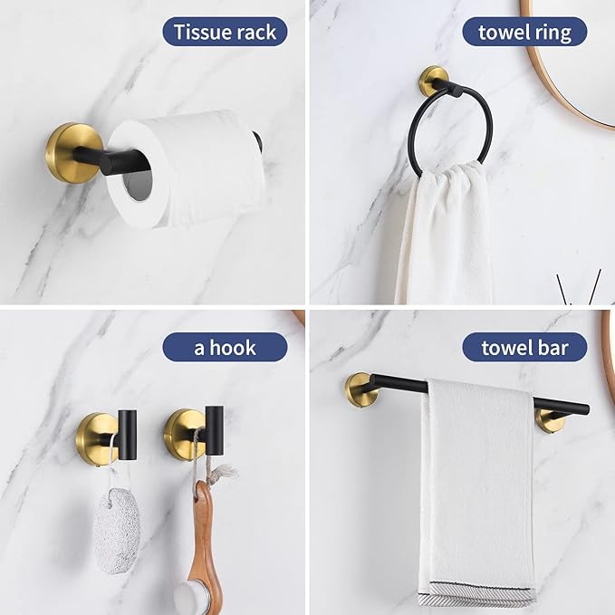 5 Pieces Bathroom Hardware Set Black Gold, Towel Rack Including 2pcs 16 inch Tower Bar, Towel Ring and 2 PCS Towel Hooks