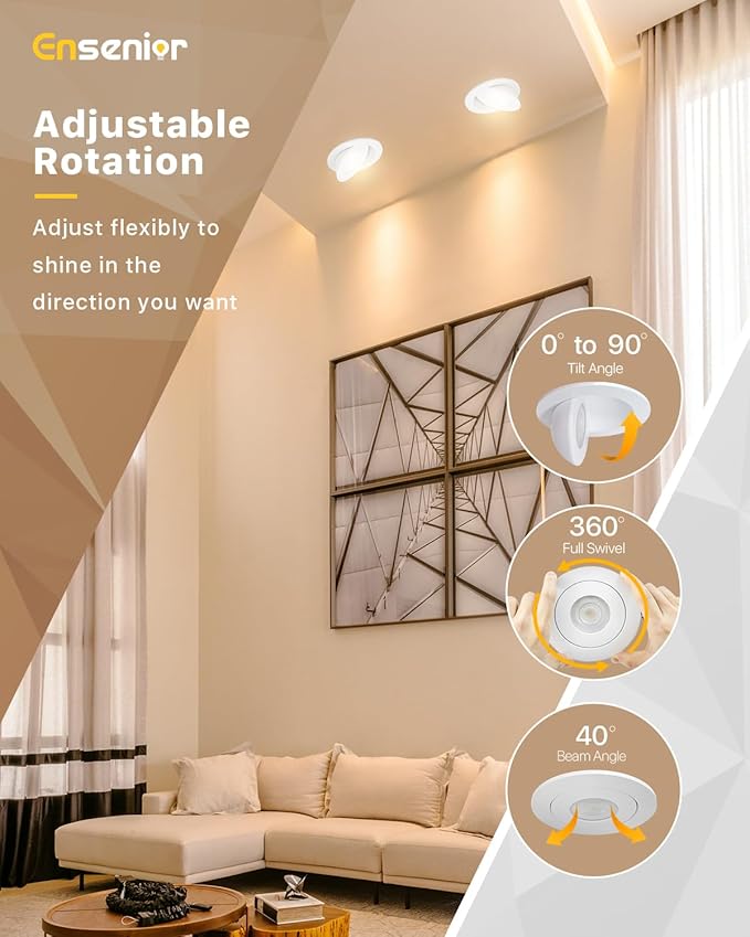 Ensenior 6 Pack 4 inch Gimbal Led Recessed Light with Junction Box, 90° Adjustable Directional Eyeball Lighting, Dimmable, 2700K/3000K/3500K/4000K/5000K, 900LM, 9W=100W-FCC Certified