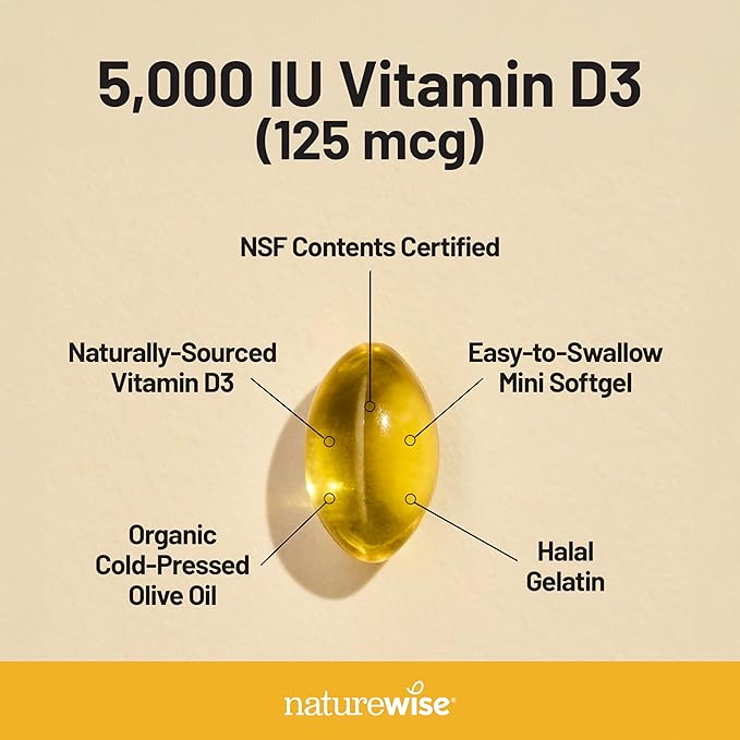 NatureWise Vitamin D3 5000iu (125 mcg) 90-Day Supply for Immune Support, Healthy Muscle Function, and Bone Health - Non-GMO, Gluten-Free in Organic Extra Virgin Olive Oil, (Mini Softgel), 90 Count