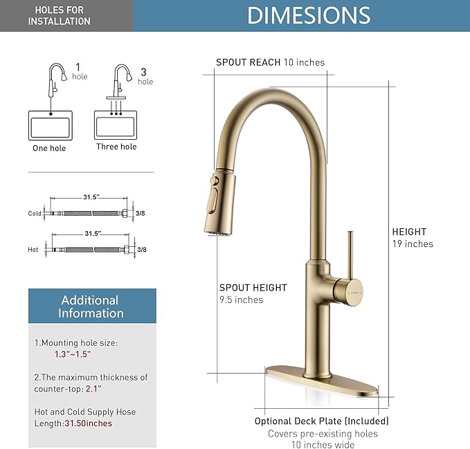 Kitchen Sink Faucets Brushed Gold, High-Arc Single Handle Kitchen Faucet with Pull Down Sprayer, Solid Brass Tall Kitchen Faucets