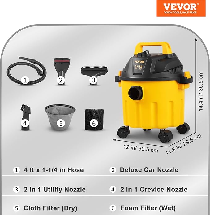 VEVOR Shop Vac Wet and Dry Vacuum Cleaner 2.6 Gallon 2.5 Peak HP - Powerful Suction with Blower Function & Attachments 3-in-1 Crevice Nozzle - Perfect for Car Carpet Debris Pet Hair Black/Yellow