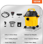 VEVOR Shop Vac Wet and Dry Vacuum Cleaner 2.6 Gallon 2.5 Peak HP - Powerful Suction with Blower Function & Attachments 3-in-1 Crevice Nozzle - Perfect for Car Carpet Debris Pet Hair Black/Yellow