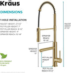 KRAUS Artec Pro Commercial Style Pull-Down Single Handle Kitchen Faucet with Pot Filler in Brushed Brass, KPF-1604BB