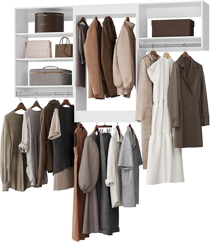 ROOMTEC Modular Closet System, 72" Closet Organizer with Hanging Rods, Wall-Mounted Wooden Tower for Walk-In Closets, Wardrobe Storage Kit, White