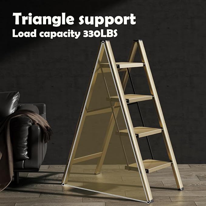 HillhutApex 4 Step Stool, Aluminum Foldable Step Ladder, Lightweight Stable Stool with Wide Non-Slip Pedals, 330lbs Bearing Capacity Ladder for Office,Home,Kitchen - Gold