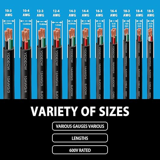 100ft 18/3 18 AWG Portable Power Cable (3 Conductor) - SOOW 600V 18 Gauge Electric Wire for Motor Leads, Portable Lights, Battery Chargers and Machinery - 3 Conductor - 100 Feet Electrical Cord