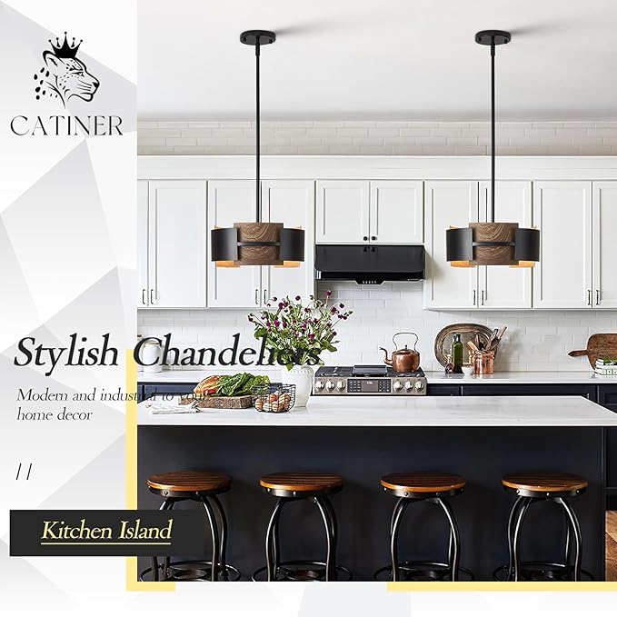 Industrial Drum Chandeliers, Modern Black Metal Pendant Lighting Walnut Wood Grain 4-Ligth Semi Flush Mount Chandelier 12" for Foyer Entryway Kitchen Hallway Dining Room