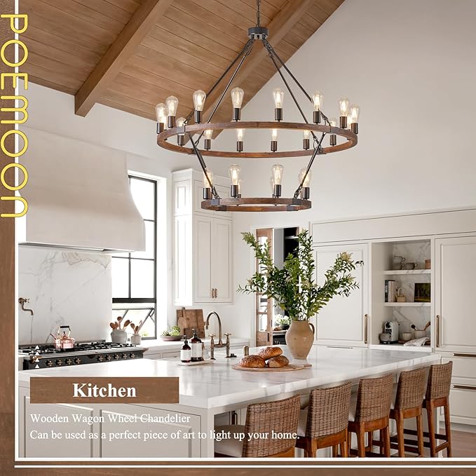2 Tier Wooden Wagon Wheel Chandelier 43.3'' Farmhouse 24 Lights(16+8) Black Rustic Light Fixture 2-Story Round Wood Chandelier for High Ceiling Living Dining Room Foyer Villa