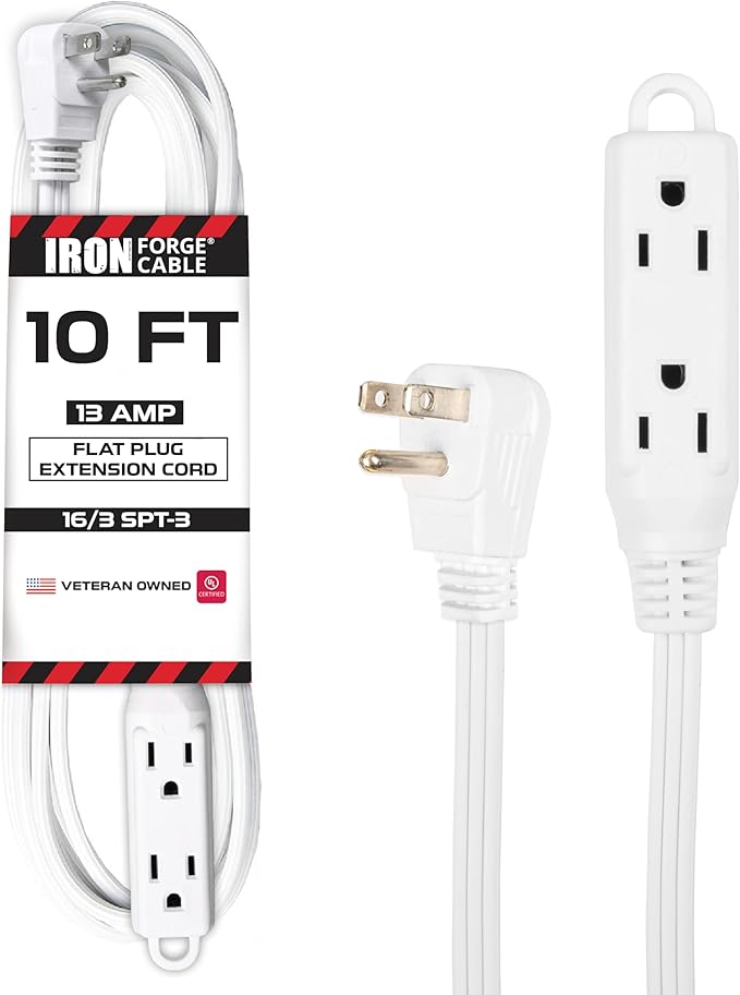 Iron Forge Cable 10 ft Flat Plug White Extension Cord with 3 Outlets - 16/3 SJTW 3 Prong Indoor Extension Cord with Multiple Outlets