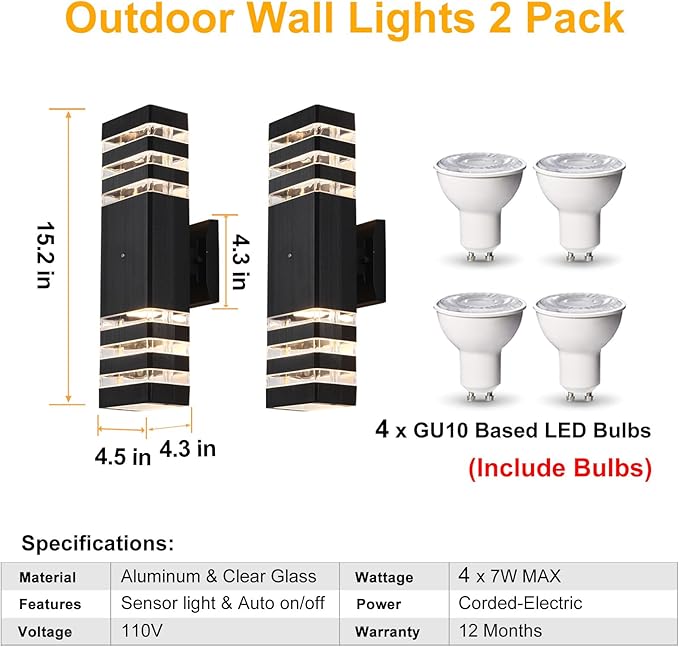 Dusk to Dawn Outdoor Wall Lights 2 Pack, IP65 Waterproof Modern Exterior Light Fixture, 3000K Warm White 3-Layer Up and Down Outdoor Wall Sconce for House Front Porch Garage
