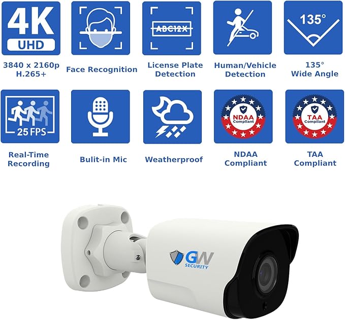 GW Security 32 Channel NVR UltraHD 4K Face Recognition NDAA & TAA Compliant Security Camera System with 24 x 8MP @25FPS Outdoor & Indoor PoE Bullet Cameras, 10 Smart AI Functions