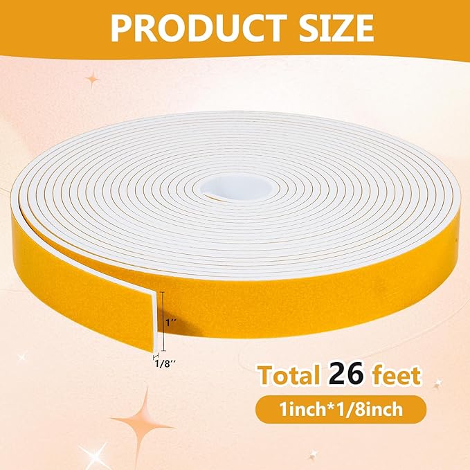 26Feet Weather Stripping Seal (1 Inch X 1/8 Inch) for Door Window, High Density Foam Tape, Soundproofing, Insulation Strip, Door Sealers for Door Frame- White