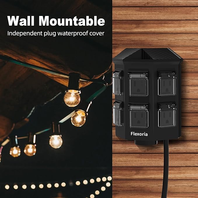 Outdoor Power Strip Waterproof, 10 FT Extension Cord, 6 Grounded Outlets for Halloween/Christmas Decorations and Inflatables, 15A/1875W, ETL Listed