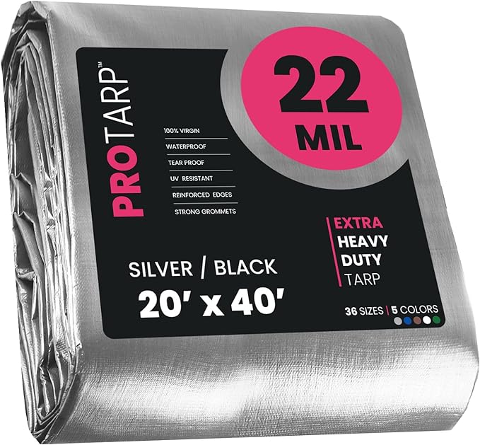 PROTARP Extreme Heavy Duty 22 Mil Tarp Cover, Waterproof, UV Resistant, Rip and Tear Proof, Poly Tarpaulin with Reinforced Edges for Roof, Camping, Patio, Pool, Boat. (Silver/Black 20′ X 40′)