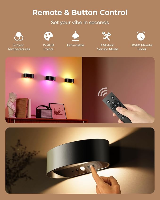 Motion Sensor Wall Lights with Remote, Rechargeable 5000mAh Battery Operated Wall Sconces, 18-Color Dimmable UP and Down LED Lamp for Living Room, Bedroom, Hallway (4-Pack, Black)