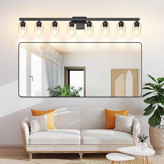 8-Light Bathroom Light Fixtures, 51" Modern Vanity Lights Over Mirror with Clear Glass Shades, Matte Black Light Fixture, Classic Wall Light Fixture for Mirror Living Room Cabinet Bedroom Porch