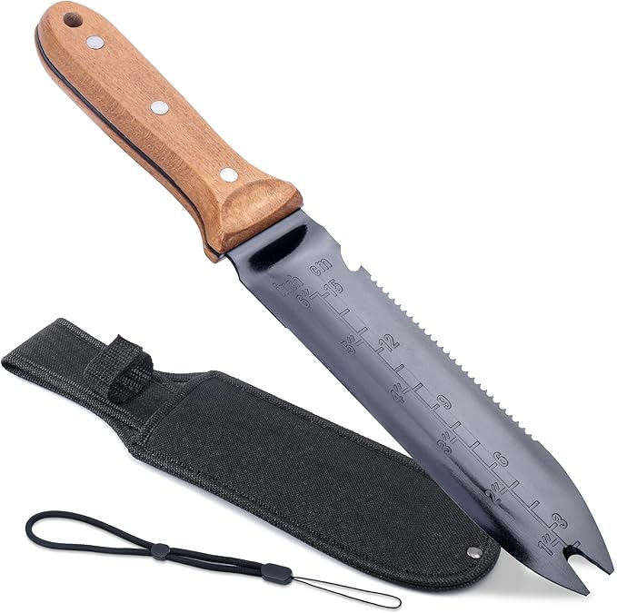 WILLKOMMEN Hori Hori Garden Knife- Garden Tools with Oxford Cloth Sheath, 7" Stainless Steel Blade,Full Tang Beechwood Handle, Ideal for Transplanting, Division, Weeding & Root Care (Forked Tip)
