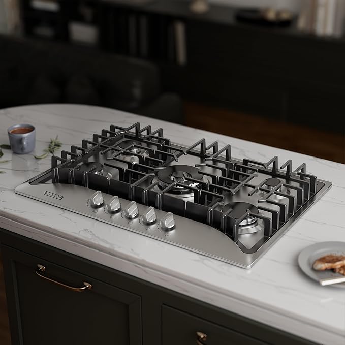 Empava 30 Inch Gas Cooktop with 5 World Class Made in Italy SABAF Burners, LPG/NG Convertible, Ideal RV Top Stoves for Kitchen, Stainless Steel