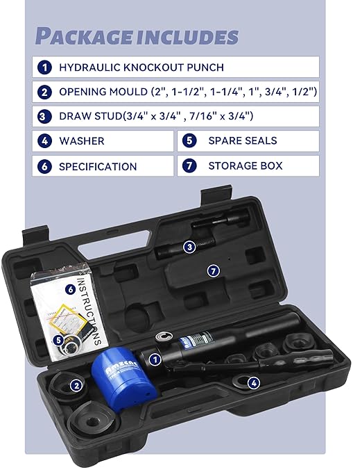 AMZCNC Hydraulic Knockout Hole Punch Driver Kit 1/2 to 2 inch Electrical Conduit Hole Cutter Set KO Tool Kit Metal Sheet Puncher (8TON(1/2"~2"))