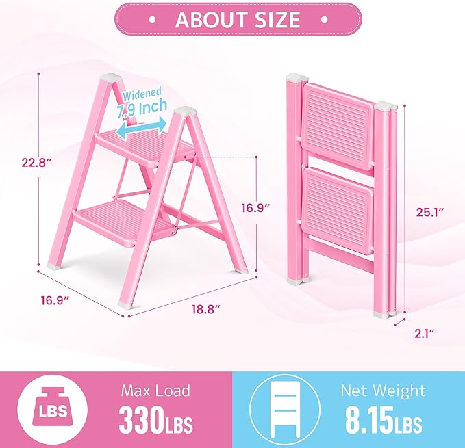 GameGem Pink 2 Step Ladder, Small Kitchen Step Stool for Adults, Widen 7.9Inch Pedal for Comfortable Use, Sturdy and Cute Step Ladder with Anti-Slip Foot, More Friendly to Women, 330Lbs Load