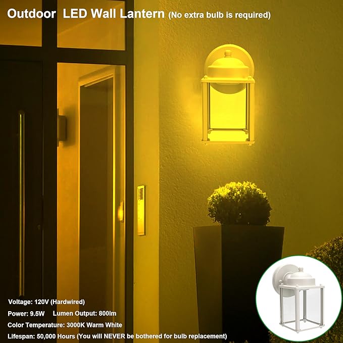 LIT-PaTH Outdoor LED Wall Lantern, Wall Sconce Porch Lighting Fixture, 3000K Warm White, 9.5W 800 Lumen, Aluminum Housing Plus Glass, White Finish-2 Pack