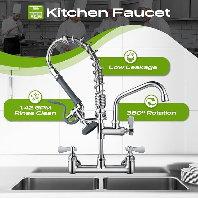 Commercial Sink Faucet with Sprayer 21" Height, 8 Inch Center Wall Mount Kitchen Sink Faucet with Down Pre-Rinse Sprayer and 8" Add-on Swing Spout