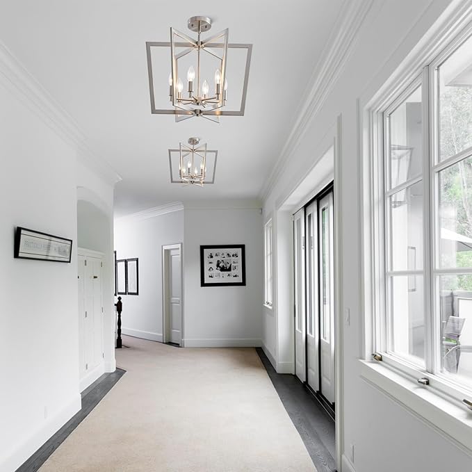 Brushed Nickel Chandelier, 6-Light Geometric Dining Room Light Fixture Over Table Metal Modern Chandelier Lighting for Kitchen Island Entryway, 20 Inch Pendant Lighting Hanging Ceiling Lamp