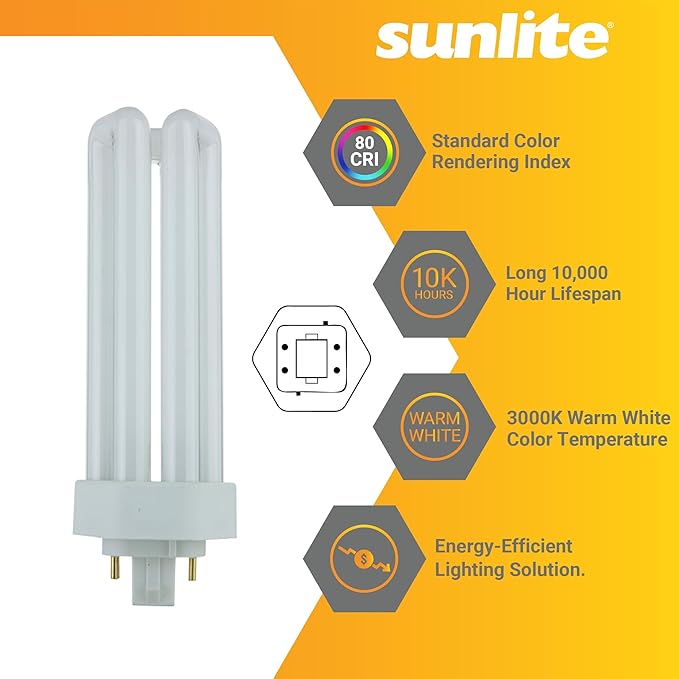 Sunlite CFL Plug-in PLT 4-Pin Triple Tube Light, 32 Watts, 4-Pin GX24q3 Base, 2400 Lumens, 3000K Warm White, 10 Pack