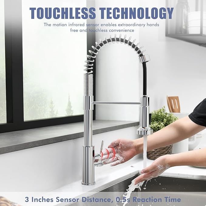 GIMILI Chrome Touchless Kitchen Faucet with Pull Down Sprayer, Motion Sensor Smart Hands-Free Activated Single Hole Spring Faucet for Kitchen Sink