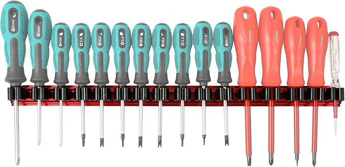 Magnetic Screwdriver Organizer, Aluminum Alloy Rail Tool Holder, Fits Up to 16 Screwdrivers (Red)