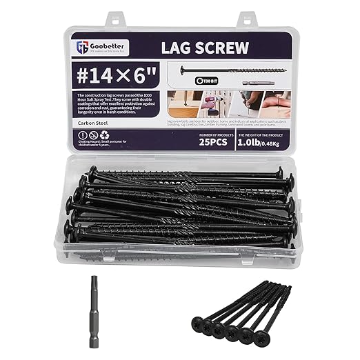 Lag Screws 6 Inch, 25PCS Heavy Duty Construction Screw, Structural Wood Screw #14 x 6, Rust Resistant, Washer Head, Black Coated Exterior Wood/Lag Screws Hex Socket Included