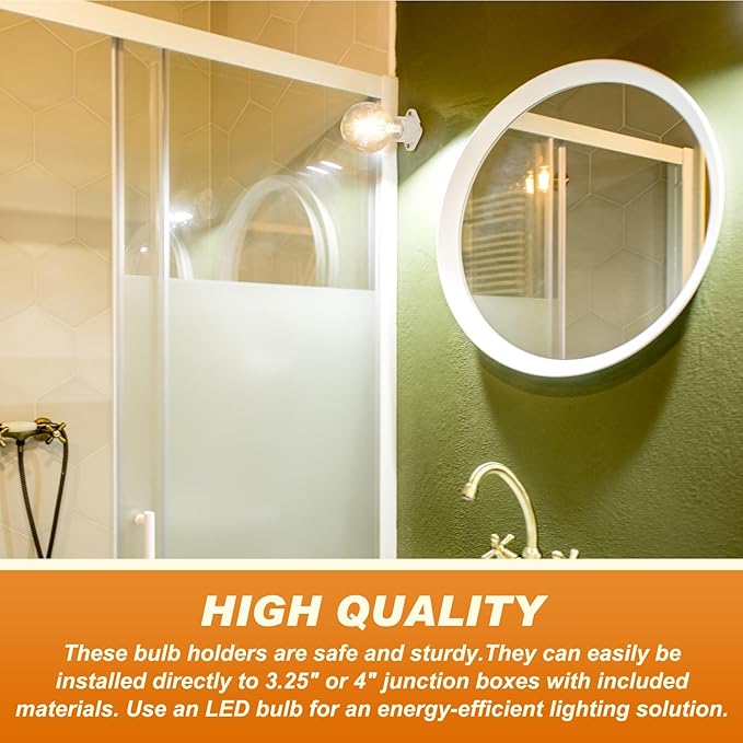 4 Pcs E26 Light Socket Porcelain Lamp Holder Socket Medium Keyless Threaded Base with Two Hole Flange Mounting and 6" Wire Indoor Garage Closet Lighting