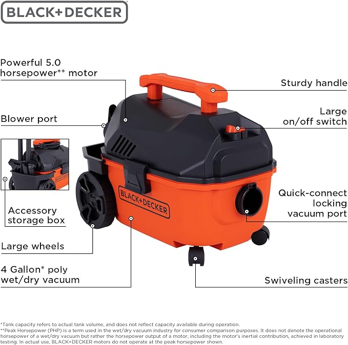 BLACK+DECKER BDXV18905P-4 Wet Dry Vacuum 4 Gallon 5.0 Peak HP Wet Dry Vac with Accessories, Powerful Suction with Blower fuction, Small Vacuum Cleaner for Outdoor, Garage, Home and Car