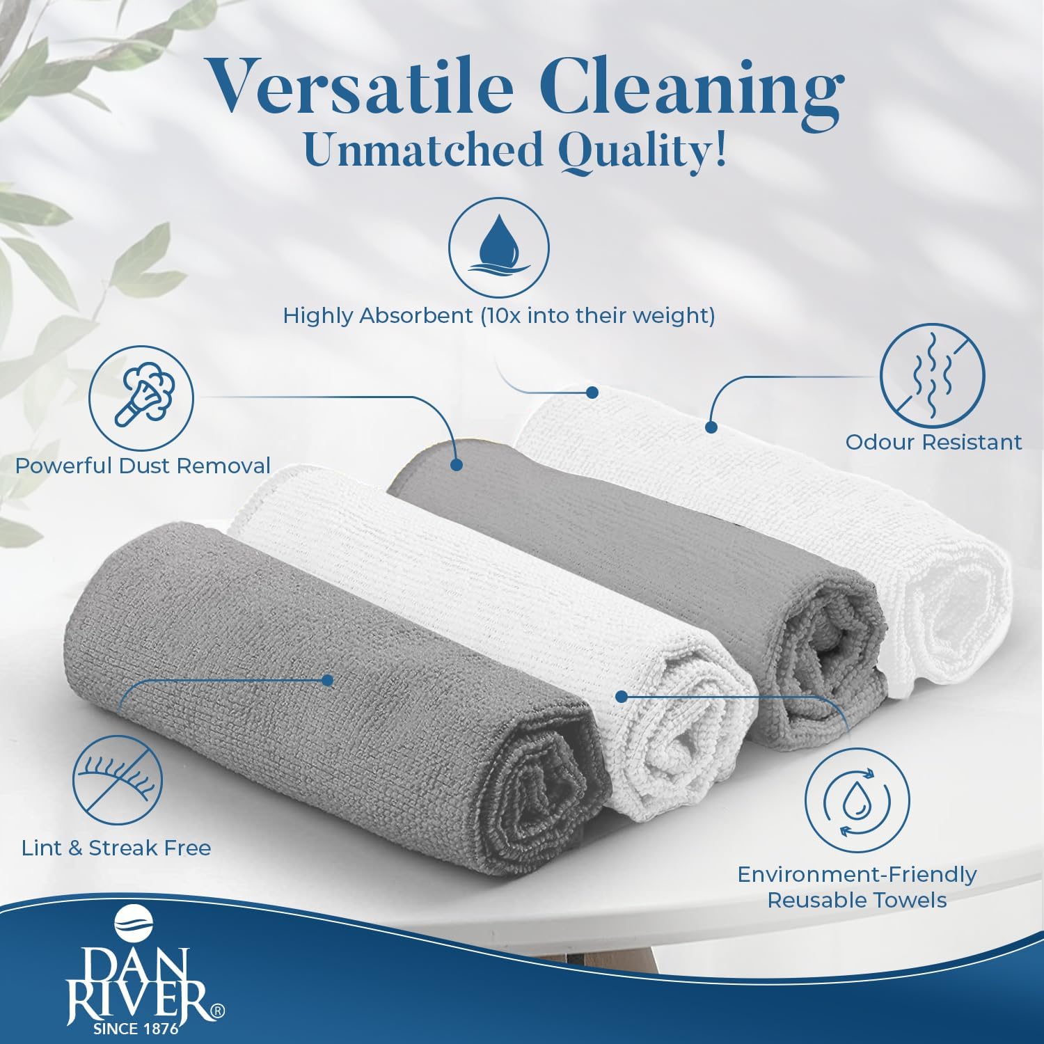 DAN RIVER 12-Pack Microfiber Towels – Ultra Absorbent, Lint-Free & Streak-Free Cleaning Cloths for Home, Car & Kitchen - Must-Have Cleaning Essentials - 12" x 12" - Gray White