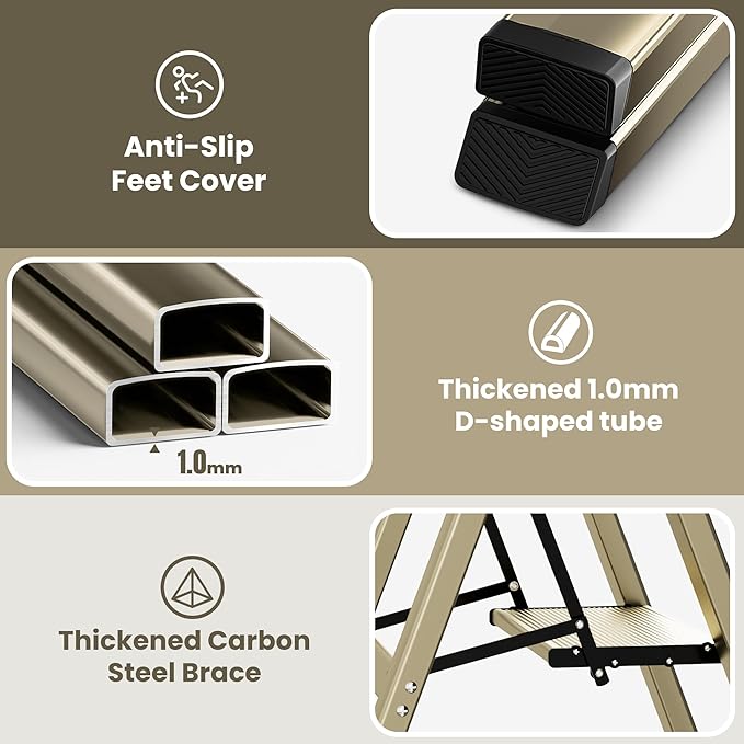 GameGem 2 Step Ladder, Aluminum Folding Step Stool with Anti-Slip Sturdy and Wide Pedal, Lightweight Portable Stepladder for Home and Kitchen Use Space Saving, 330 lbs, Champagne Gold