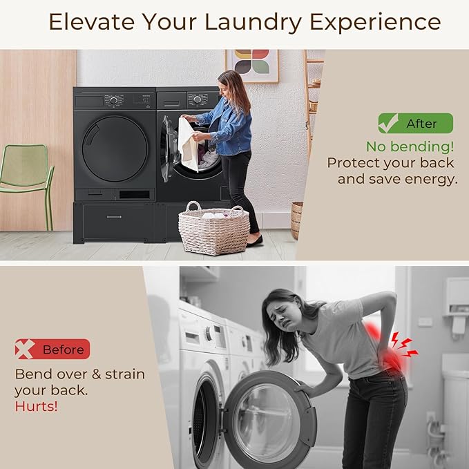 SKM 29" Washer & Dryer Pedestals with Drawer - 2 Pack Laundry Stand Raiser, 14.3" Height, Steel Construction, Black